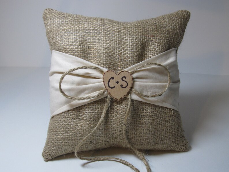 Personalized Rustic Ring Bearer Pillow Burlap With Ivory Sash image 3