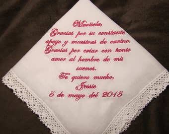 Mother In Law of the Bride - Spanish Version - Personalized Wedding Handkerchief With Free Gift Envelope - Shown with Dark Pink Writing