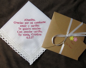 Grandmother of the Bride - Spanish Version - Personalized Wedding Handkerchief With Free Gift Envelope - With Non Script Dark Pink Writing