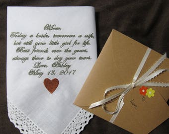 Mother of the Bride - Personalized Wedding Handkerchief With Free Gift Envelope - Shown with Grey Script Writing & Copper Heart