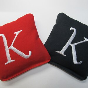 Personalized Cornhole Game Bags with your Initial - Set of 8 Shown in Red and Black - Great Wedding Gift