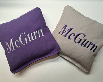 Custom Cornhole Game Bags with a Last Name - Set of 8 Shown in Purple and Light Grey - Great Gift!!