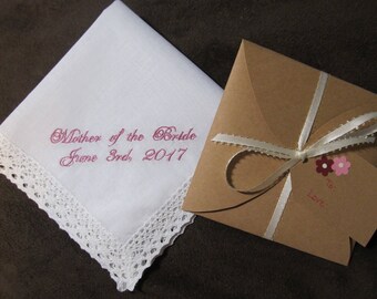 Mother of the Bride - Wedding Handkerchief With Free Gift Envelope - Shown with Light Pink Writing