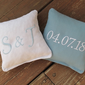 Personalized Wedding Cornhole Game Bags - Initials and Date - Set of 8 Shown in White and Light Blue - Great Gift!!