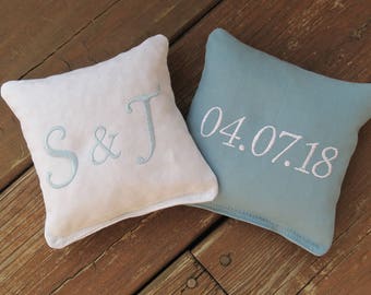 Personalized Wedding Cornhole Game Bags - Initials and Date - Set of 8 Shown in White and Light Blue - Great Gift!!