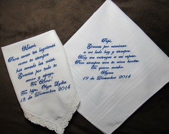 Mother & Father of the Bride - Spanish Version - Personalized Wedding Handkerchiefs - Free Gift Envelopes - Shown with Royal Blue Writing