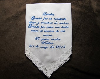 Mother In Law Personalized Wedding Handkerchief With Free Gift Envelope - Spanish Version - Shown with Royal Blue Writing