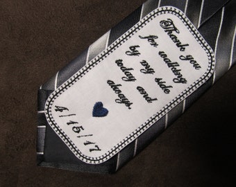 Father of the Bride - Wedding Tie Patch - Personalized Embroidery - Shown with Black Writing and Navy Blue Heart