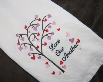 Personalized Valentine's Day Kitchen Tea Towel - Makes a Great Gift - Embroidered - Heart Tree - Love One Another