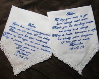 Mothers of the Bride & Groom - Personalized Wedding Handkerchiefs - Free Gift Envelopes - Shown with Royal Blue Writing