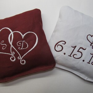 Personalized Wedding Cornhole Game Bags - Couple&#39;s Initials & Wedding Date - Set of 8 Shown in Burgundy and White- Great Gift!!