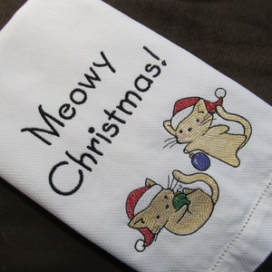 Embroidered Christmas Cats Tea Towel - Meowy Christmas Kitchen Decor