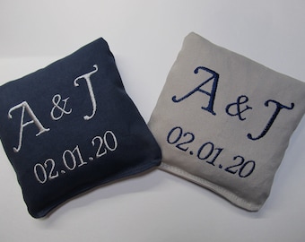 Personalized Wedding Cornhole Game Bags - Initials and Wedding Date - Set of 8 Shown in Navy Blue and Light Grey - Great Gift!!