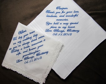 Grandparents of the Bride - Personalized Wedding Handkerchiefs - Free Gift Envelopes - Shown with Royal Blue Writing