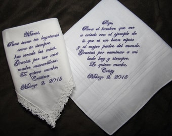 Mother & Father of the Bride - Spanish Version - Personalized Wedding Handkerchiefs - Free Gift Envelopes - Shown with Purple Writing