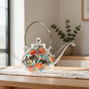 May include: A clear glass teapot featuring a painted design of orange peaches and green leaves. The teapot has a rounded body, a long curved spout, a glass lid with a pointed finial, and a thin, arched metallic handle attached to the sides.