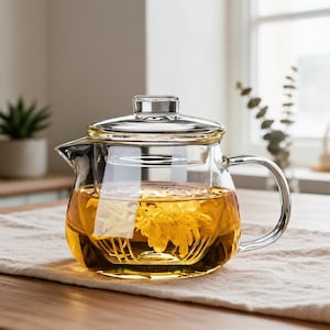 May include: A clear glass teapot with a matching lid and a curved handle. Inside the teapot, a golden yellow chrysanthemum flower is steeping in hot water, creating a vibrant infusion. The teapot features a simple, transparent design.