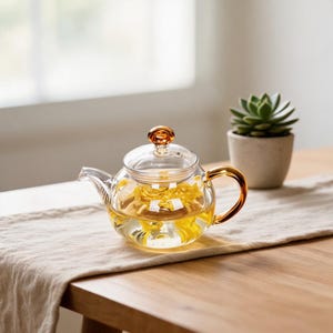 May include: A clear glass teapot with a rounded body, featuring a lid with a small amber-colored knob and a matching amber-colored handle. The teapot contains a light yellow liquid with submerged yellow flower petals visible through the glass.
