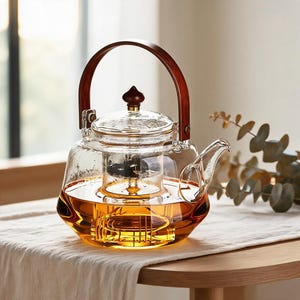 Op de afbeelding: Een theepot van helder glas met een brede, ronde basis en een gebogen tuit. De pot heeft een uitneembare glazen filtermand, een bijpassend glazen deksel met een kleine donkerbruine knop en een hoog, gebogen handvat van donker gepolijst hout.