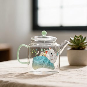 May include: A clear glass teapot featuring a light green handle and lid knob. The body of the teapot is decorated with a colorful illustration of a white cat resting on a blue textured surface, surrounded by small green and yellow floral accents.