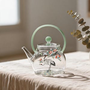 Könnte beinhalten: Eine Teekanne aus klarem Glas mit einem bemalten Motiv eines Kranichs unter blühenden Zweigen. Die Teekanne hat einen bauchigen Körper, einen passenden Glasdeckel mit einem kleinen Knauf und einen hellgrünen, bogenförmigen Henkel.
