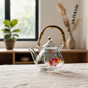May include: A clear glass teapot featuring a painted design of a red goldfish swimming among green branches with small red berries. The teapot has a curved spout, a matching glass lid with a knob, and a curved bamboo handle with light-colored bindings.