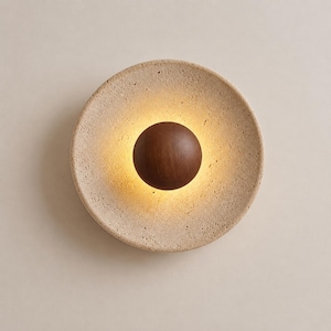 Vägglampa i travertin, vägglampa i valnötsträ, vägglampa i Wabi Sabi, Japandi-belysning, modern stenväggdekor, halllampa i sovrum