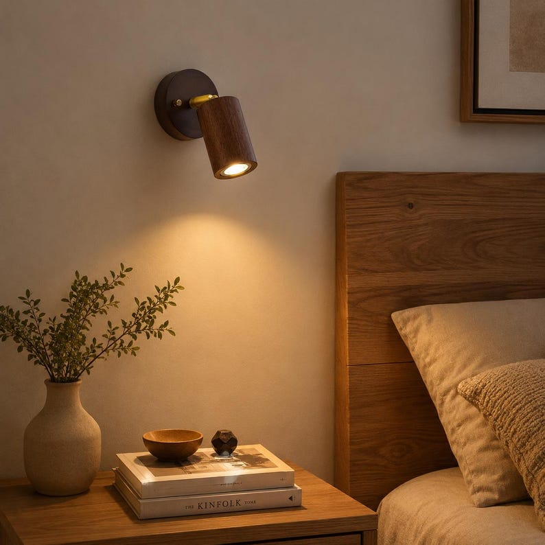 以下が含まれることがあります： ダークウッドの円筒形ヘッドと真鍮色のコネクターを備えた壁掛け式スポットライト。円形のダークベースに取り付けられています。ランプは暖かみのある光を下方に向けて放ち、壁面と下の表面を照らしています。