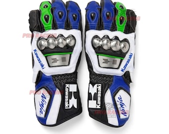 Kawasaki Blue Green Gloves Kawasaki Motorcycle Gloves Kawasaki Ninja Gloves Racing Riding Biker Gear (Duty paid Service)