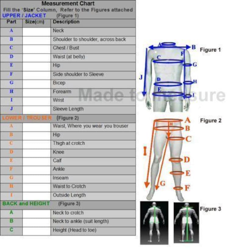 May include: A measurement chart for clothing featuring three figures labeled Figure 1, Figure 2, and Figure 3. The chart lists body parts including neck, chest, waist, hip, bicep, forearm, wrist, sleeve length, thigh, knee, calf, ankle, and height.