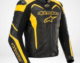 Alpinestars Yellow Motorcycle Jacket Men's: Biker Leather Custom Motorbike RIding Jacket Moto GP Racing Jacket