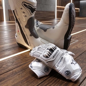 Op de afbeelding: Set van witte en zwarte motorlaarzen en handschoenen. De laarzen zijn hoog met zwarte details en het merklogo. De handschoenen zijn wit met zwarte en grijze accenten, met de tekst "GP PRO".