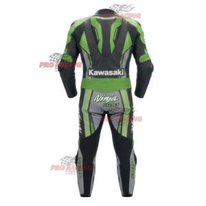May include: A black, green, and grey leather racing suit featuring the Kawasaki logo on the upper back and the Ninja 400 logo on the lower back. The suit includes long sleeves, full-length trousers, and integrated protective paneling throughout.
