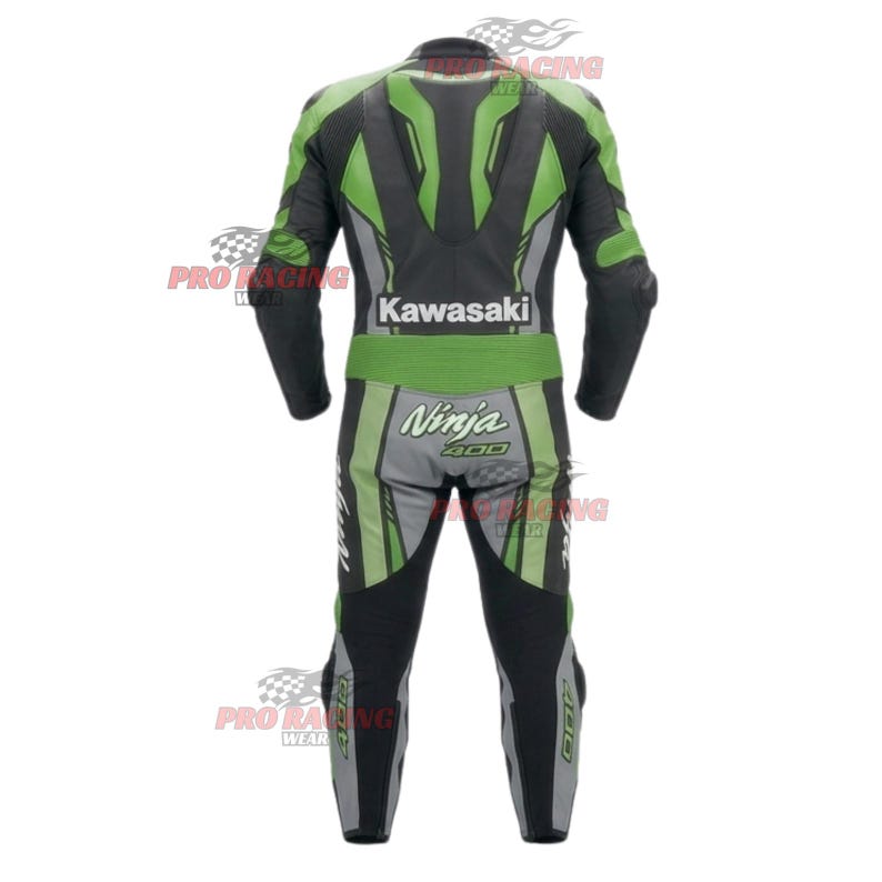 May include: A black, green, and grey leather racing suit featuring the Kawasaki logo on the upper back and the Ninja 400 logo on the lower back. The suit includes long sleeves, full-length trousers, and integrated protective paneling throughout.