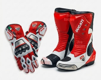 Set Ducati motorraceschoenen en -handschoenen: leren biker custom raceschoenen paar handschoenen