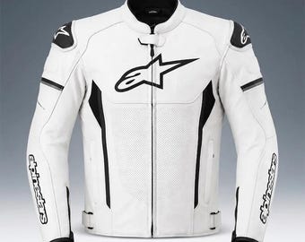 Alpinestars White Motorcycle Jacket Men's: Biker Custom Leather Jacket Motorbike Peromance Gear Riding Jacket