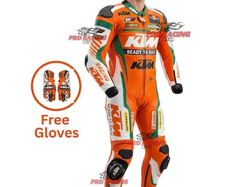 Tuta da gara KTM Premium Verde Arancione Pronta per la Gara, Tuta da Moto in Pelle con Protezioni CE, Attrezzatura per la Pista + Guanti KTM in Omaggio