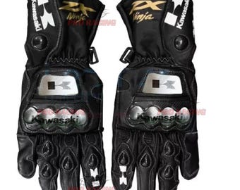 Kawasaki Black Motorcycle Gloves Men Women Leather Racing Riding Gloves Kawasaki Ninja Motorbike Protective Biker Gear (Duty paid Service)