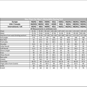 May include: A black and white size chart for a motorbike racing suit. The table lists measurements in centimeters for chest, waist, hip, full length, back rise, front yoke, shoulder, collar, cuff, sleeve, knee, elbow, back yoke, inseam, and ankle.