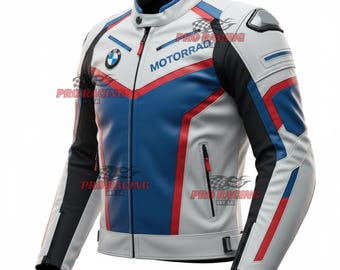 White BMW Motorrad Jacket CE Armored Blue Red Leather BMW Racing Jacket Motorcycle Motorbike Jacket