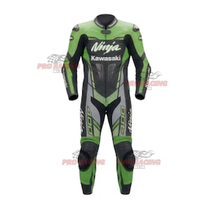 May include: A full-body motorcycle racing suit in lime green, black, and grey leather. The chest features the text Ninja and Kawasaki. The legs are marked with the number 400 and the word Ninja. It includes protective padding on the knees and shoulders.