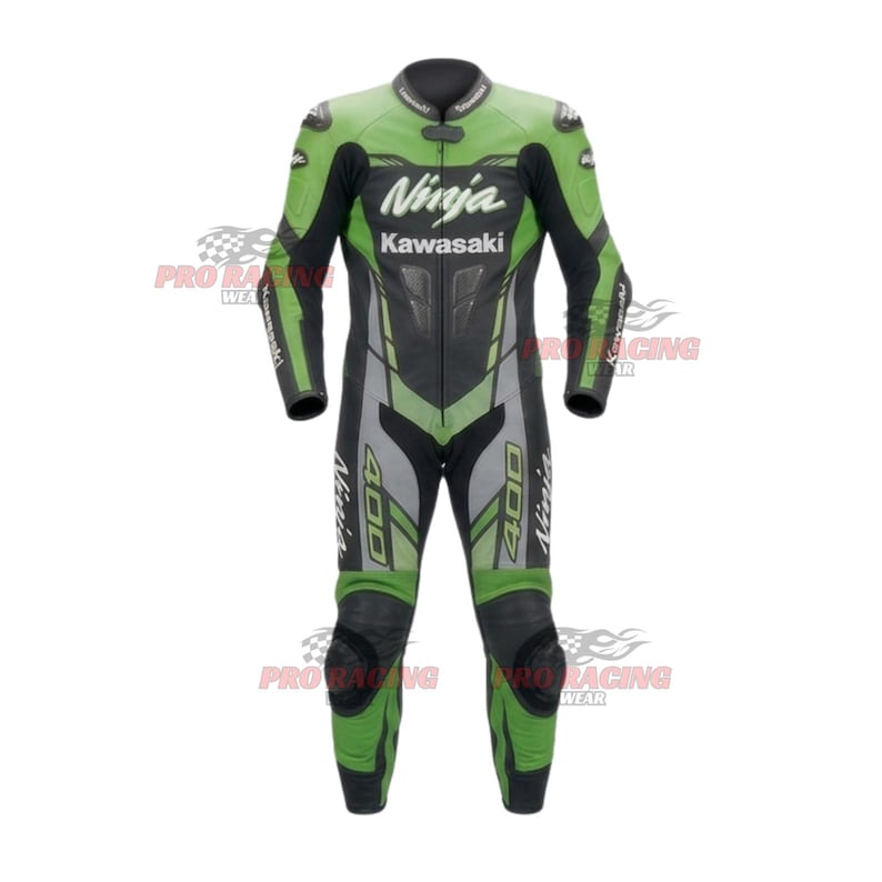May include: A full-body motorcycle racing suit in lime green, black, and grey leather. The chest features the text Ninja and Kawasaki. The legs are marked with the number 400 and the word Ninja. It includes protective padding on the knees and shoulders.