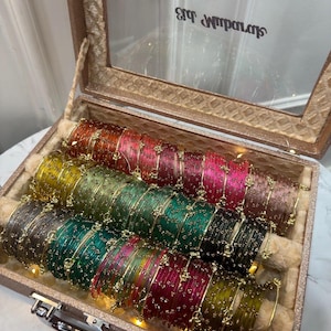 Multicolour Raindrop Glass Bangles Set | Golden Twisted Kashmiri Ghungroos | Free Organiser Box