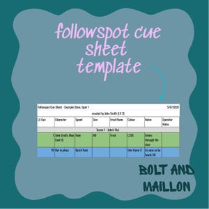 May include: A teal-colored graphic with the text "followspot cue sheet template" in pink script. A table with columns for LX Cue, Character, Speed, Size, Frost/None, Colour, Notes, and Operator Notes is also present. The text "BOLT AND MAILLON" is at the bottom.