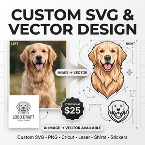 Puede incluir: Una pantalla gráfica que muestra una fotografía de un golden retriever a la izquierda y una ilustración vectorial convertida a la derecha. El texto incluye CUSTOM SVG & VECTOR DESIGN, IMAGE -> VECTOR, AI IMAGE -> VECTOR AVAILABLE y LOGO DRAFT.