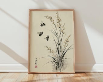 Bee Botanical Print Japanese Wall Art Floral Illustration Nature Decor