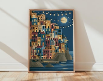 Mediterranean Cityscape Night Print Wall Art