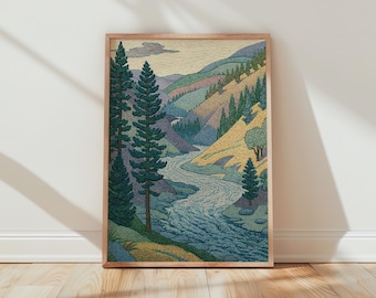 Pointillism Landscape Art Print River Scenery with Trees