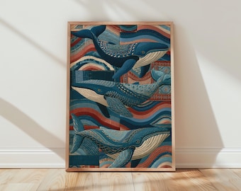 Patchwork Whales Wall Art Print
