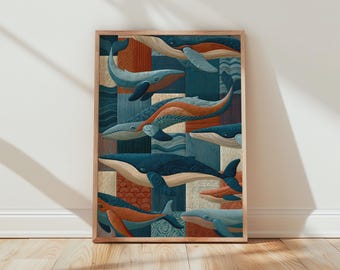 Patchwork Whale Wall Art Print